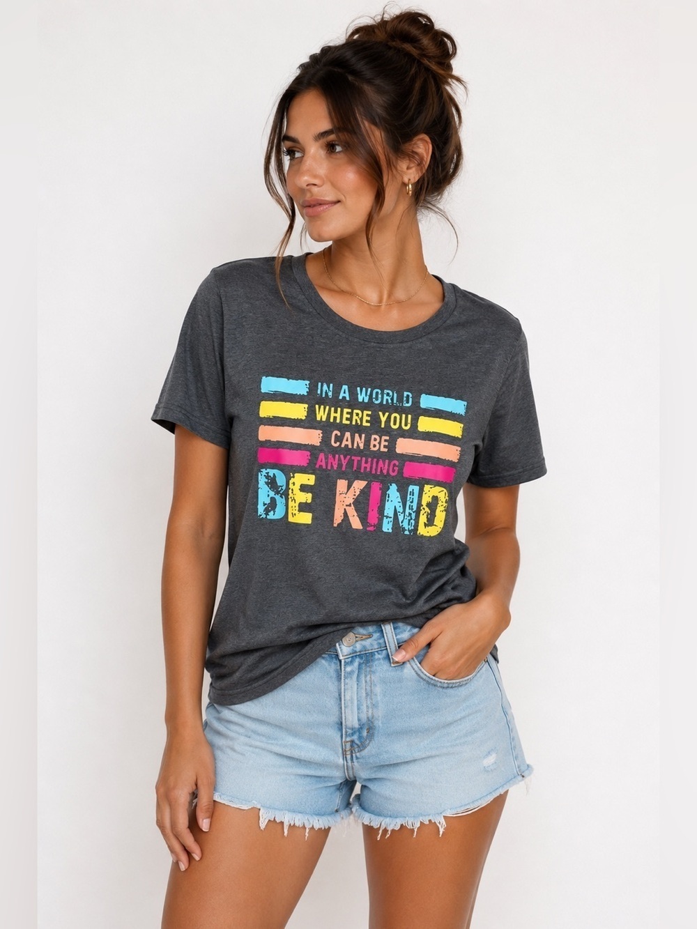 NEW Graphic “Be Kind” Crewneck Tee Shirt Grey with Multi Color Print